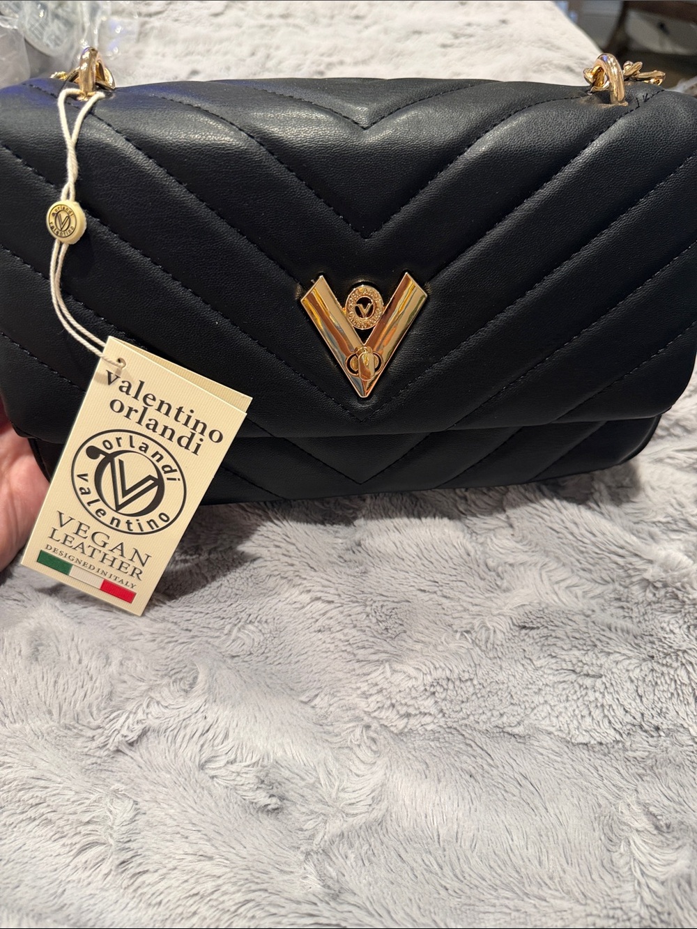 Valentino Orlandi Black Quilted Shoulder Bag with Gold V Logo